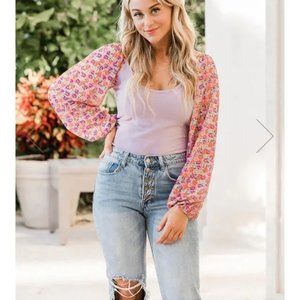 Pink Lily Purple Floral Sleeve Bodysuit